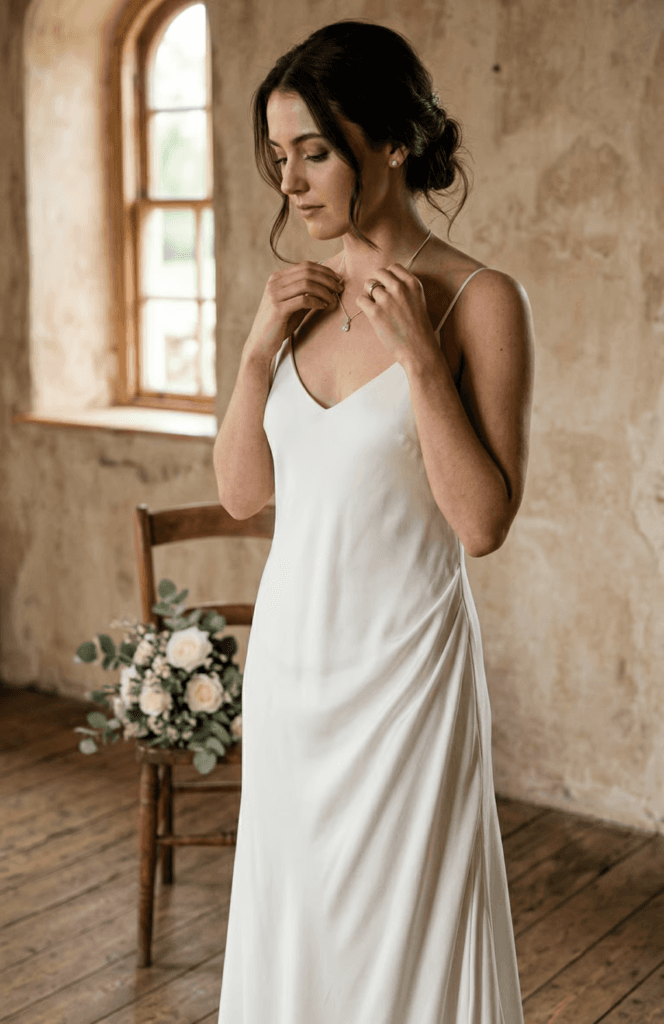 An elegant bride in a 90s-inspired silk slip dress , providing a minimalist and lightweight option for a wedding reception outfit.