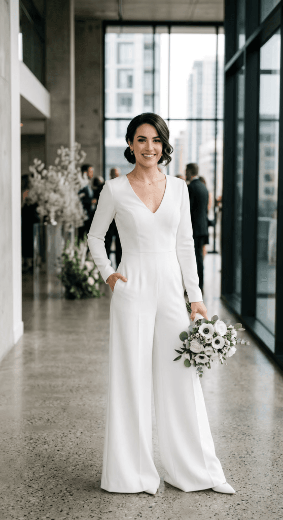 A modern bride smiling in a sophisticated white wide-leg jumpsuit, representing a chic and comfortable choice for a wedding reception outfit.