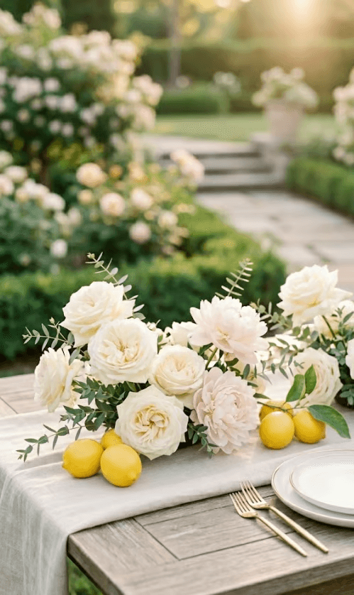 A low and lush floral centerpiece for a spring garden wedding featuring white and pink roses paired with fresh lemons on a rustic wooden table.