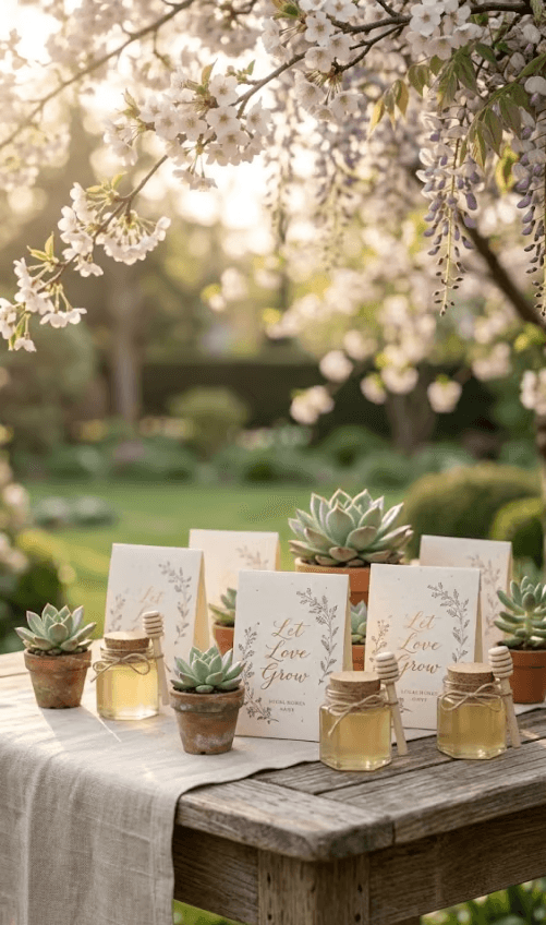 A display of organic favors for a spring garden wedding featuring miniature succulents , small jars of artisanal honey , and personalized 'Let Love Grow' cards on a rustic wooden table.
