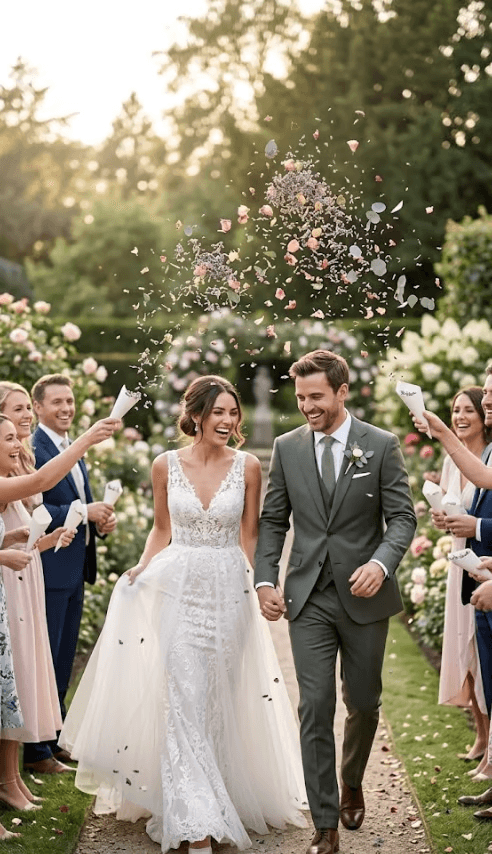 A joyful bride and groom celebrating their grand exit as guests toss dried lavender and biodegradable flower petals from paper cones during a spring garden wedding.