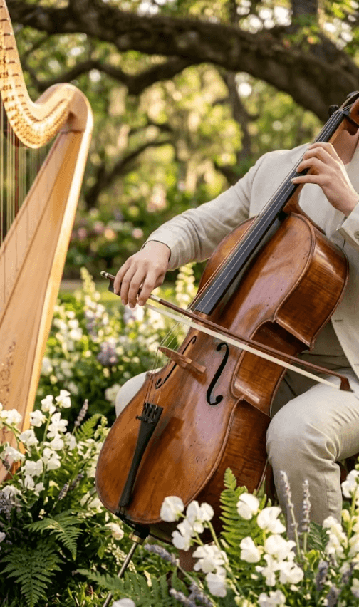 A musician playing a cello outdoors next to a harp, surrounded by blooming white flowers and lush greenery for a spring garden wedding.