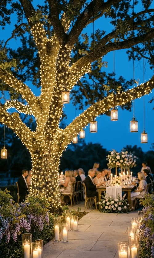 Magical evening ambiance for a spring garden wedding featuring a large tree wrapped in fairy lights , hanging lanterns , and a pathway lined with elegant pillar candles in hurricane glass.