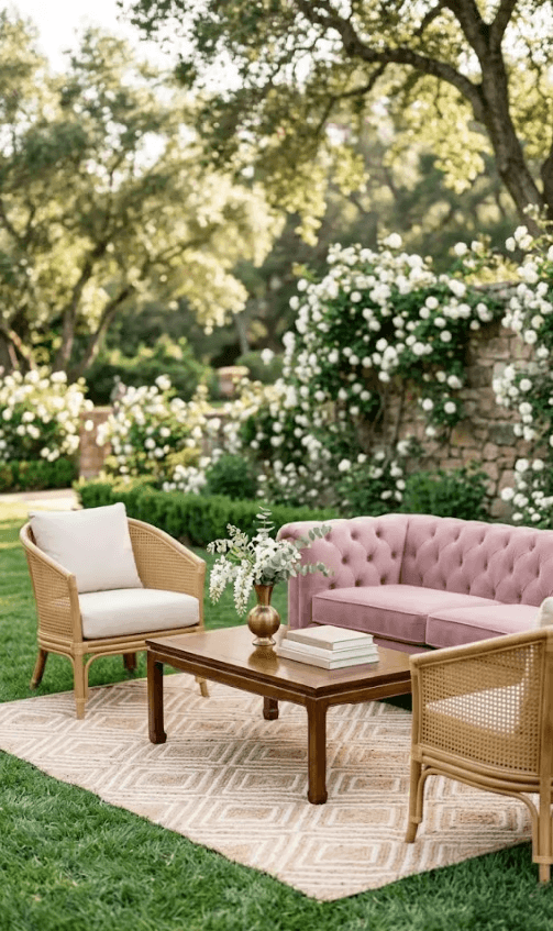 A cozy and elegant outdoor reception lounge for a spring garden wedding featuring a pink velvet sofa, rattan chairs, and a wooden coffee table on a lush lawn in front of blooming white flowers.
