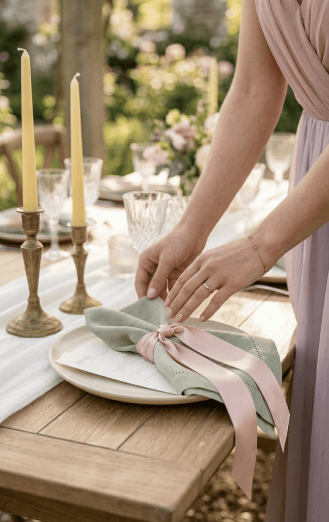 Close-up of an elegant table setting for a spring garden wedding featuring a sage green napkin tied with a pink silk ribbon, brass candlesticks, and a white gauze runner on a rustic wooden table.