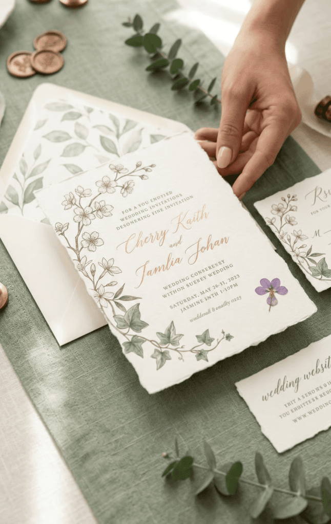 Elegant nature-inspired stationery for a spring garden wedding featuring deckled edge paper invitations with custom botanical illustrations , pressed flowers , and wax seals on a sage green fabric background.