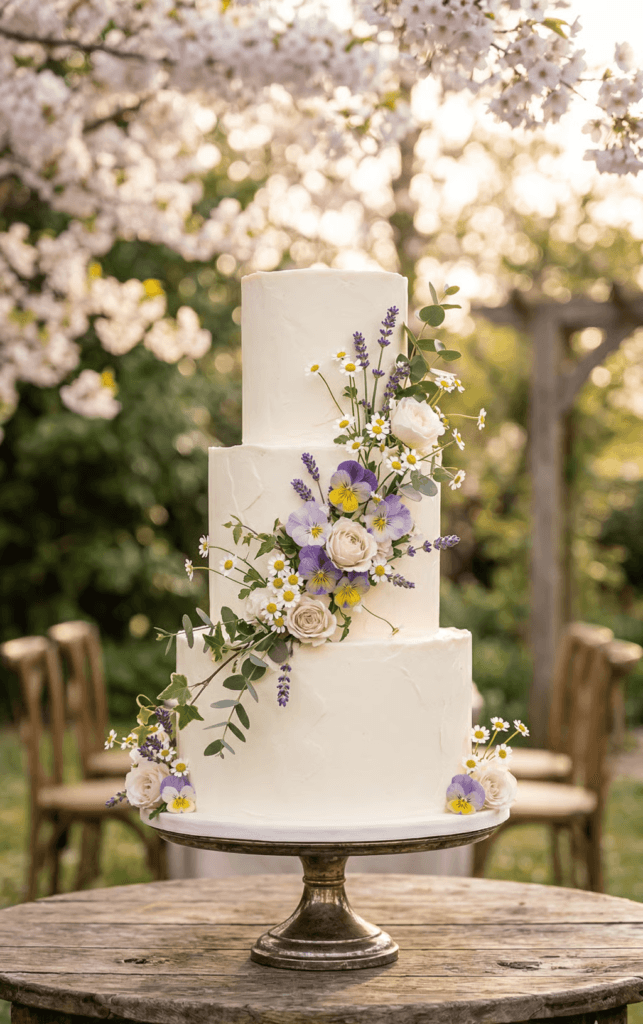 A three-tiered white botanical cake with a smooth buttercream finish is adorned with fresh pansies, chamomile, and lavender for an elegant spring garden wedding display on a rustic wooden table.