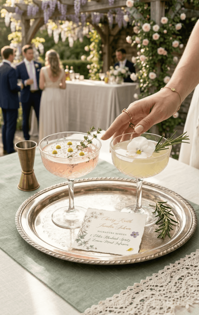 A hand reaching for a garden-to-glass cocktail served in a vintage coupe glass with edible flowers and rosemary , as part of a breathtaking spring garden wedding.