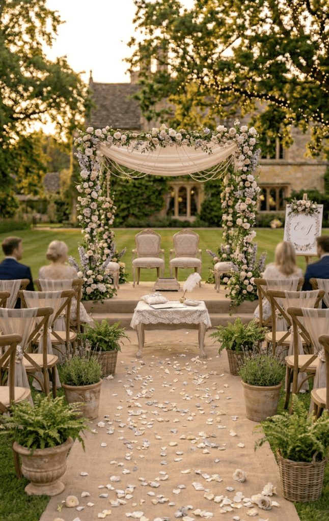 A rustic ceremony aisle for a spring garden wedding lined with potted lavender, ferns, and scattered rose petals leading to a floral-covered canopy.
