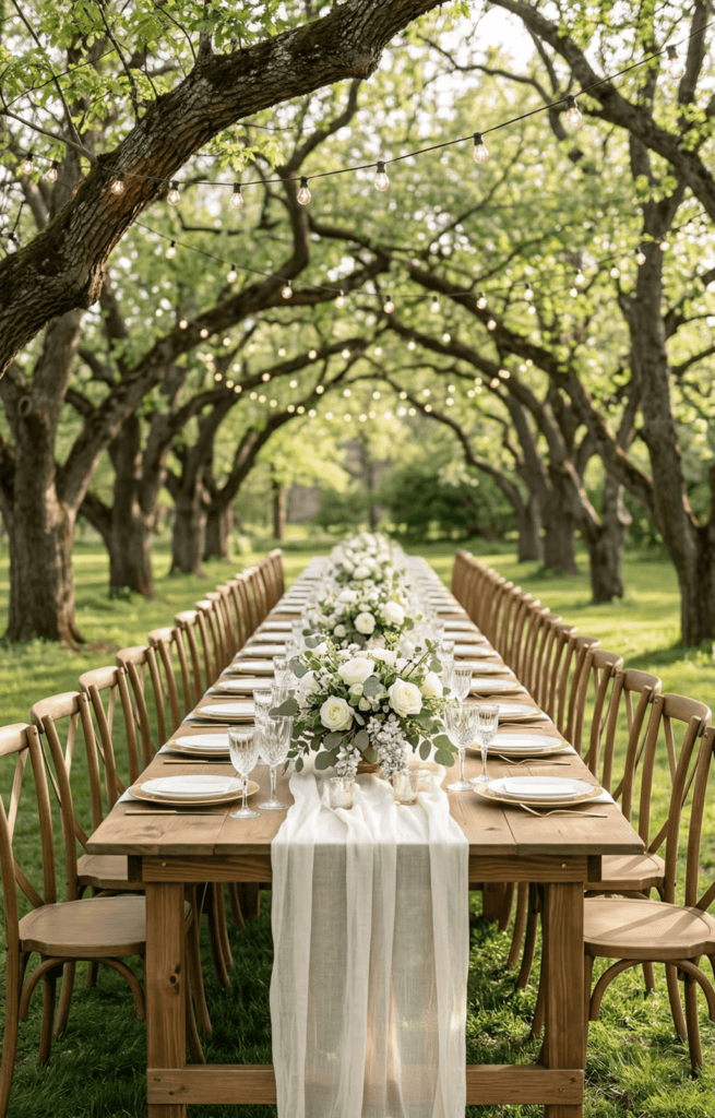 An al fresco spring garden wedding setup featuring long, family-style wooden tables and elegant cross-back chairs under a canopy of trees decorated with hanging vintage-style bistro bulbs.