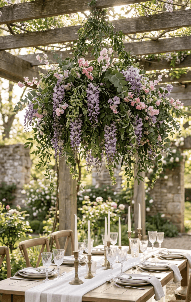 A magnificent hanging foliage chandelier with wisteria and green leaves suspended over an outdoor dining table set for a spring garden wedding.