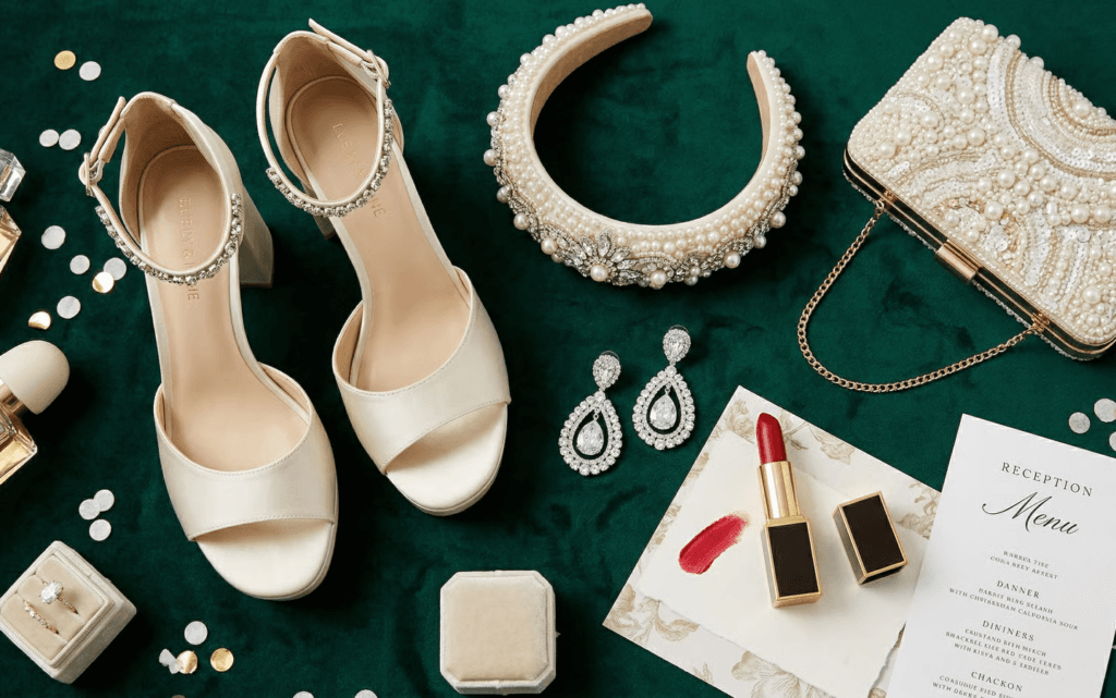 A flat lay of glamorous accessories for a wedding reception outfit, featuring pearl-embellished block heels, a jeweled headband, a pearl clutch, and diamond earrings on a dark green velvet background.