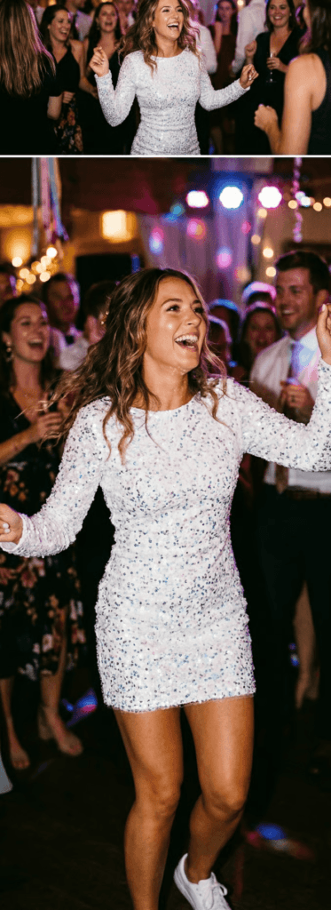 Split image showing the transition from a heavy formal ceremony gown with a long train to a lightweight, sleeveless wedding reception outfit designed for dancing.