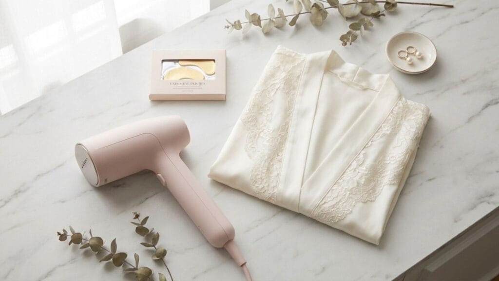 A handheld garment steamer resting next to a satin bridal robe, showing essential amazon wedding must haves