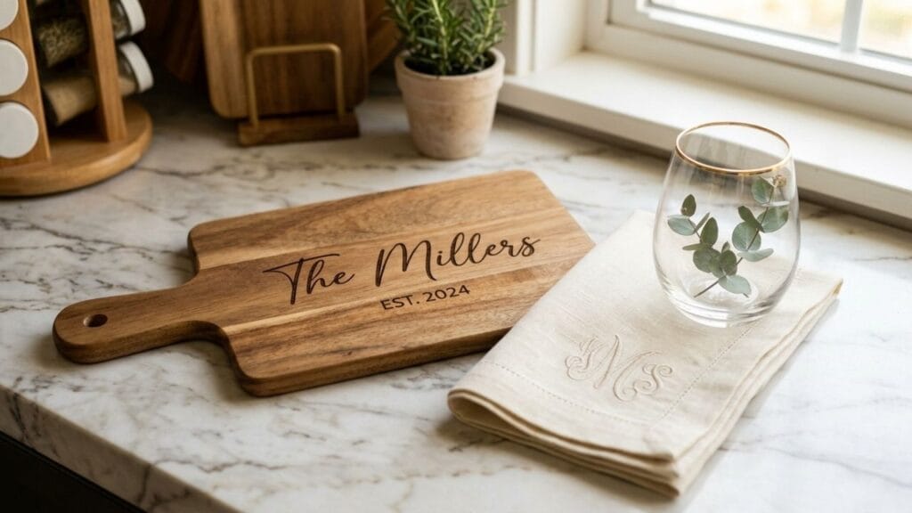 An engraved wooden cutting board with a monogrammed linen napkin and gold rimmed stemless wine glass on a marble countertop