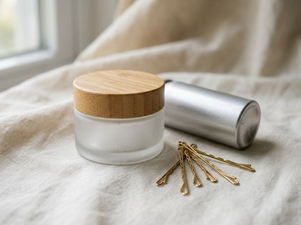 A travel-sized hairspray, translucent powder, and bobby pins placed on draped silk for a bridal kit