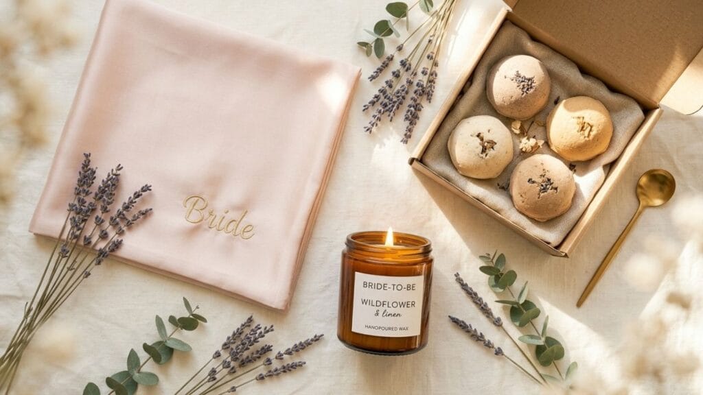 A blush pink silk pillowcase, a spa bath bomb gift box, and a soy wax scented candle arranged with eucalyptus and lavender