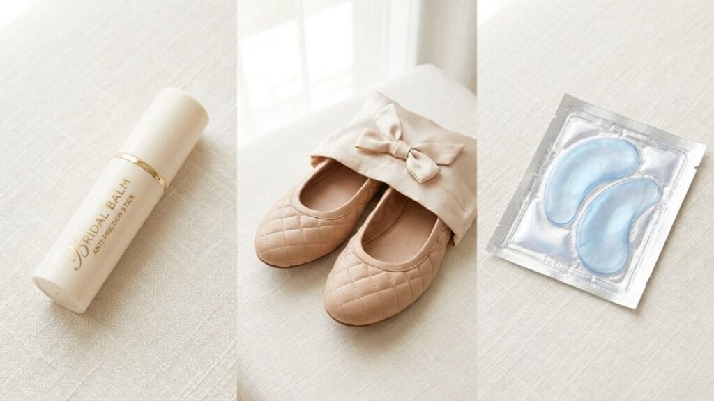 A blister prevention balm stick placed near foldable ballet flats representing comfortable amazon wedding must haves