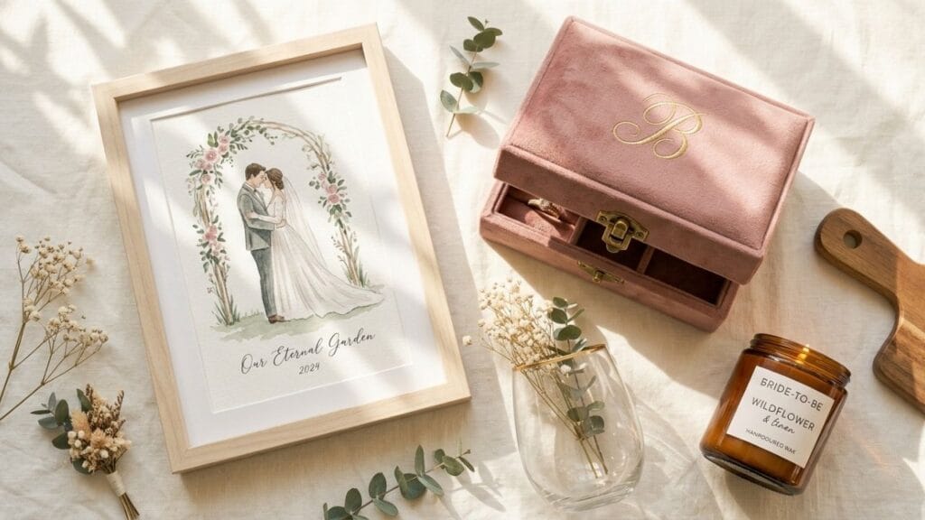A framed custom couple watercolor portrait resting next to a dusty rose velvet jewelry box and a soy candle