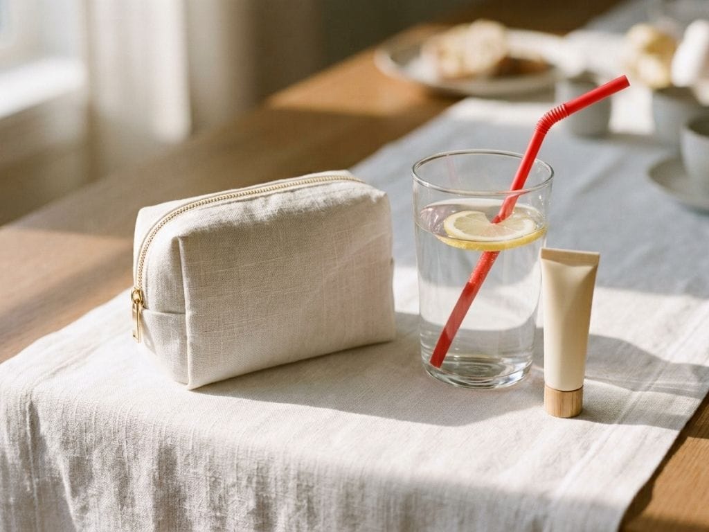 Blister prevention balm, mini first-aid kit, and straws for water in a bridal comfort pouch