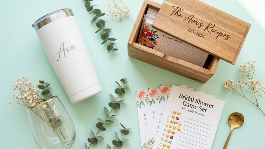 A white personalized insulated tumbler, an engraved wooden recipe box with cards, and a printed bridal shower game set