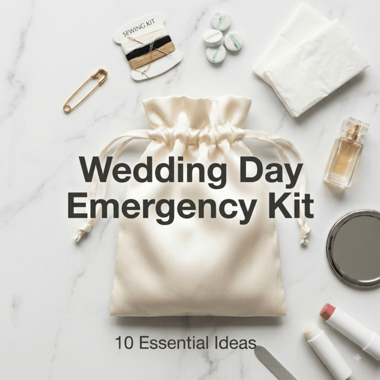 An overhead flat-lay photograph on a white marble background, featuring an off-white satin drawstring pouch with the text "Wedding Day Emergency Kit" printed in dark grey. Arranged around the pouch are several small emergency items, including a "SEWING KIT" card with thread and needles, a gold safety pin, four mints, white folded tissues, a small clear perfume bottle, a round silver mirror compact, and two lip balms (one pink, one white). The text "10 Essential Ideas" is below the pouch.