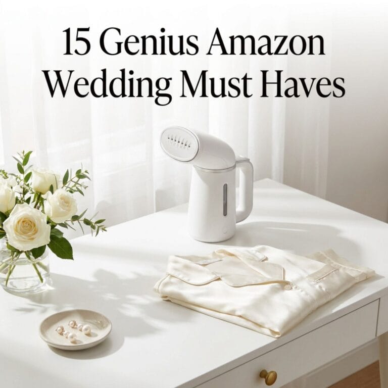 Cover graphic displaying 15 amazon wedding must haves for brides with a garment steamer and satin bridal pajamas