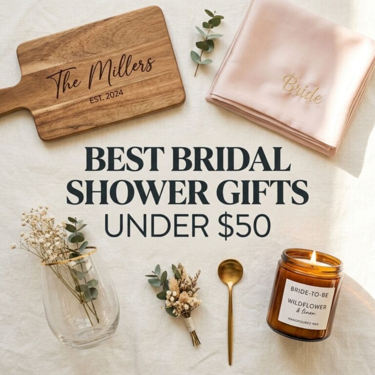 Square cover graphic displaying Best Bridal Shower Gifts Under $50 with an engraved cutting board, silk pillowcase, and scented candle