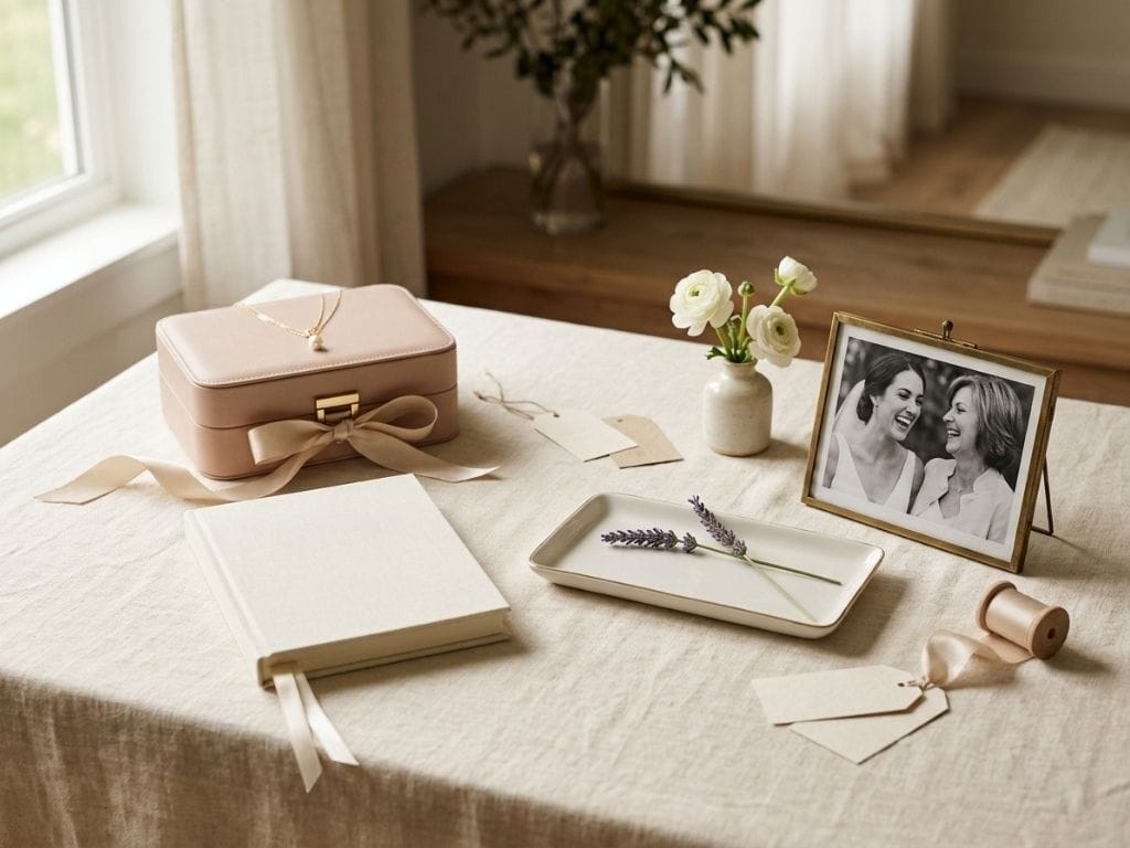 Framed mother of the bride photo next to leather jewelry box and bridal keepsake journal on linen table