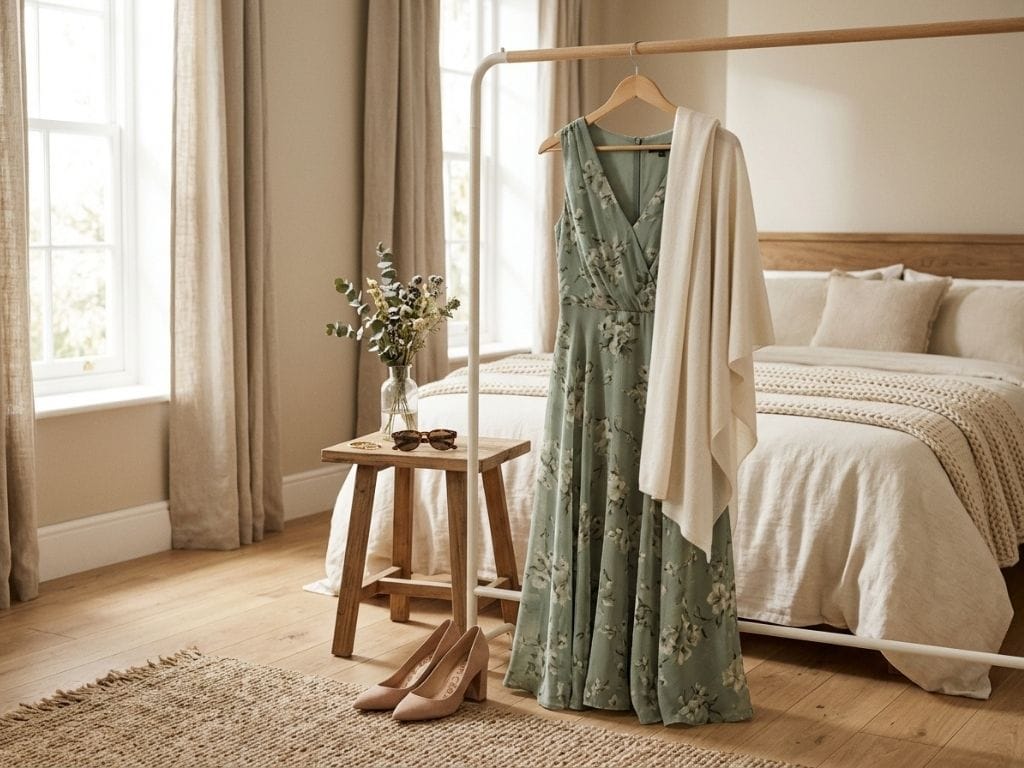 Green floral midi dress hanging on clothes rack next to nude high heels and bedroom decor