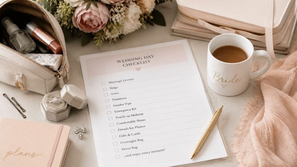 Printed wedding day checklist sheet on table next to bride coffee mug and wedding rings