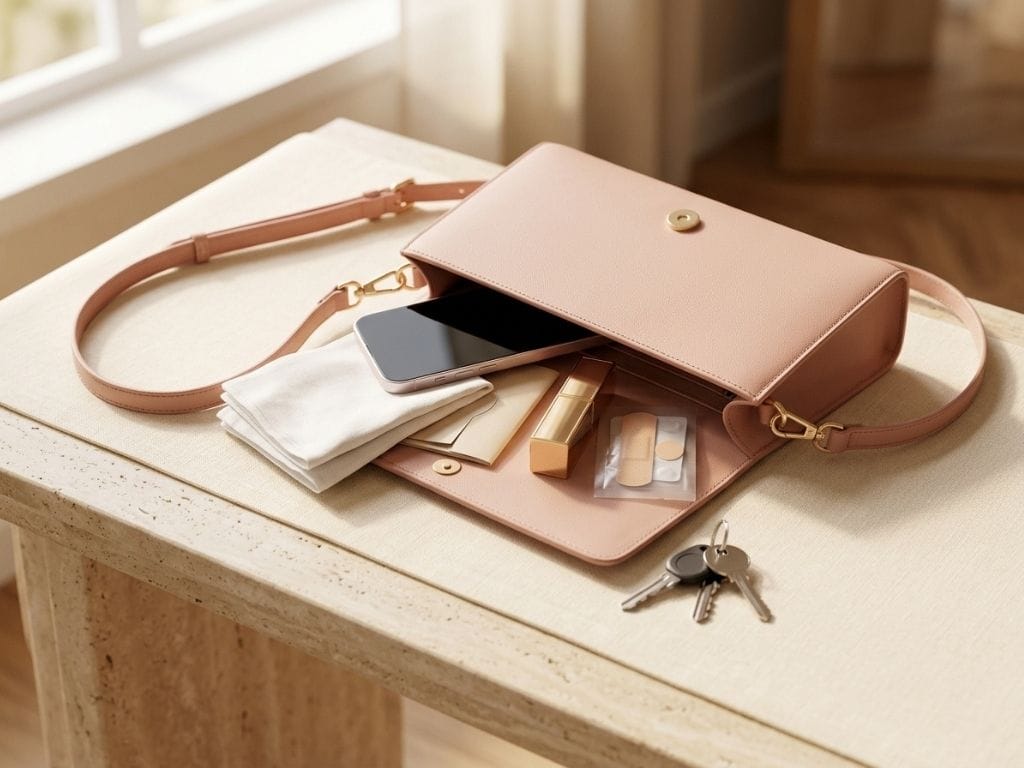 Open pink leather crossbody bag displaying phone lipstick band-aids and house keys on table