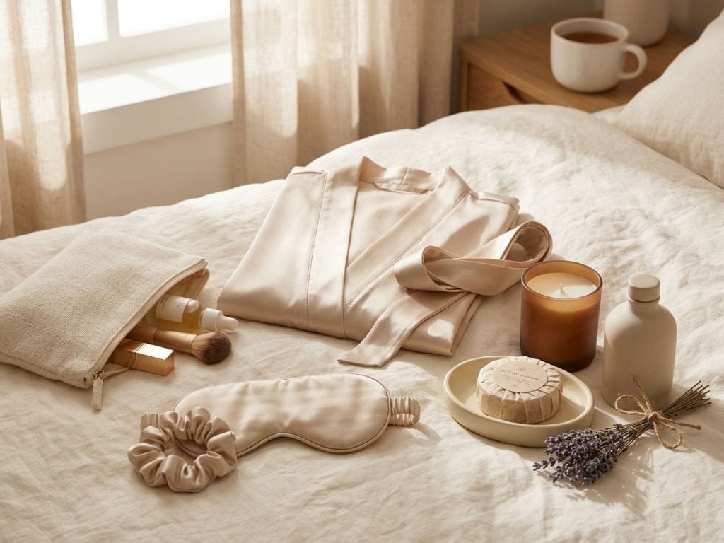 Silk bridal robe, silk eye mask, cosmetic pouch, scented candle, and lavender sprigs arranged on bed