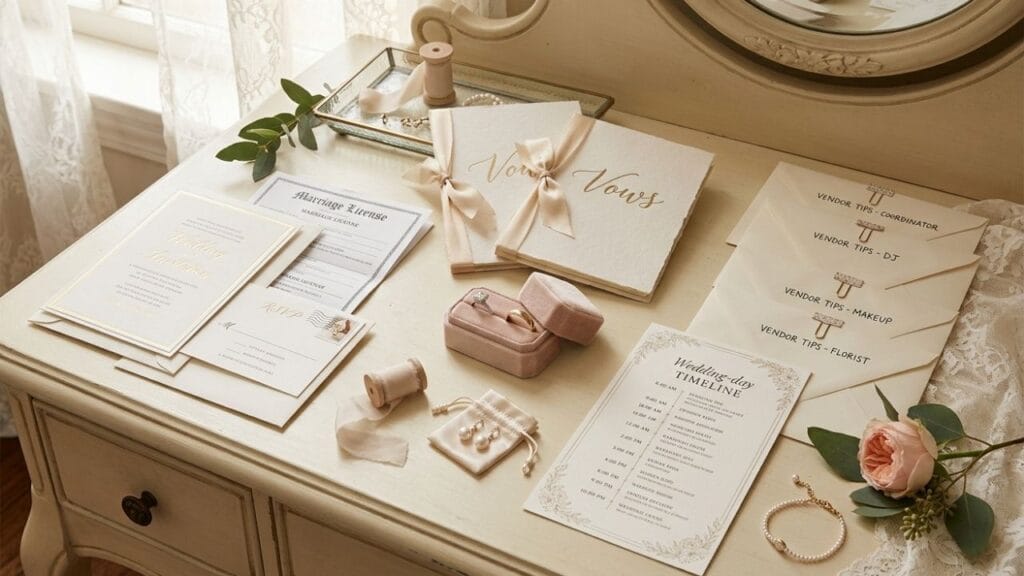 Marriage license document vow books vendor tips envelopes and wedding timeline layout