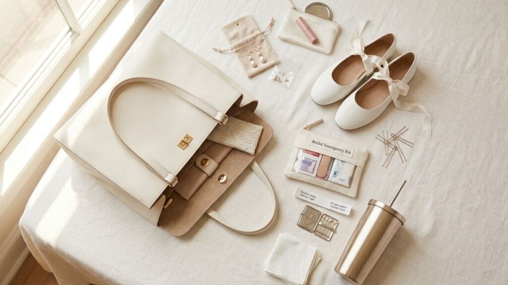 Bridal emergency kit with flat lay white bridal shoes tote bag and wedding morning items