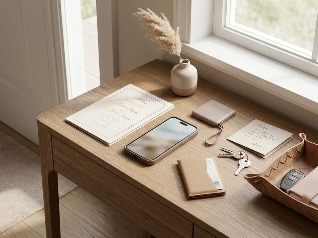 Smartphone power bank wallet keys and wedding invitation placed neatly on wooden table