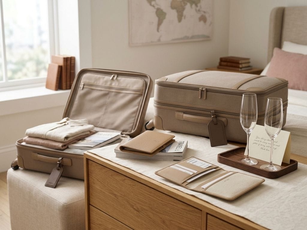 Open beige luggage, travel wallet, passport cover, and champagne glasses on bedroom table