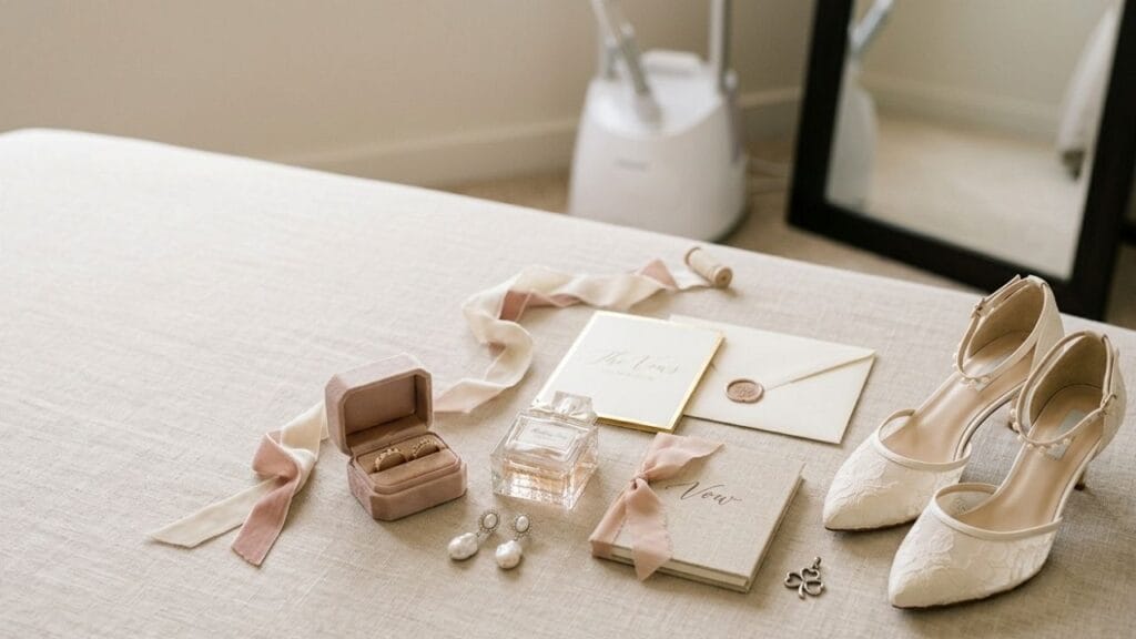 Elegant lace bridal heels velvet ring box perfume bottle and vow books on bed