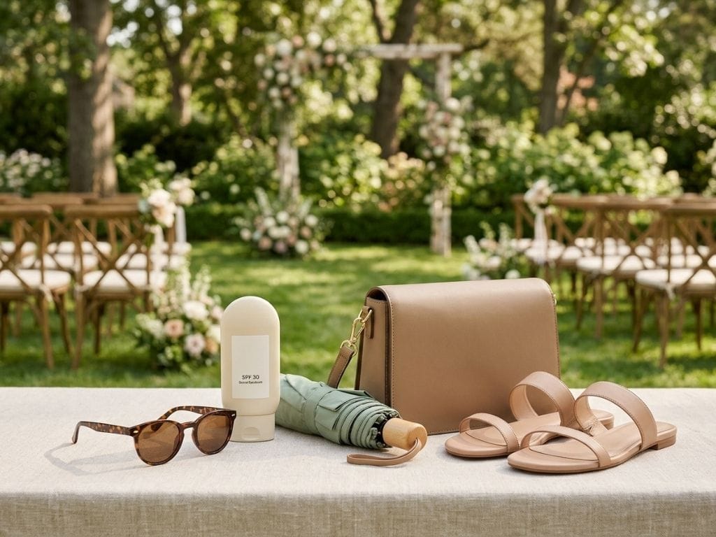 SPF 30 sunscreen green umbrella sunglasses and flat sandals on table at outdoor wedding venue