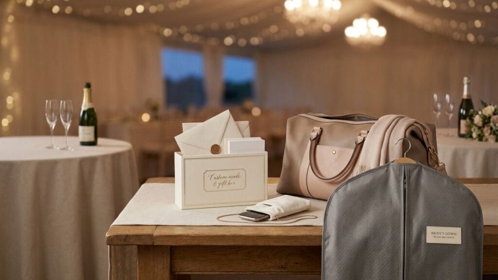 Bride gown garment bag overnight travel duffel bag and custom card box at venue