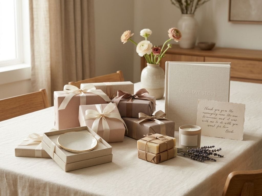 Gift boxes wrapped in neutral paper with satin ribbons beside Our Love Story book on linen table
