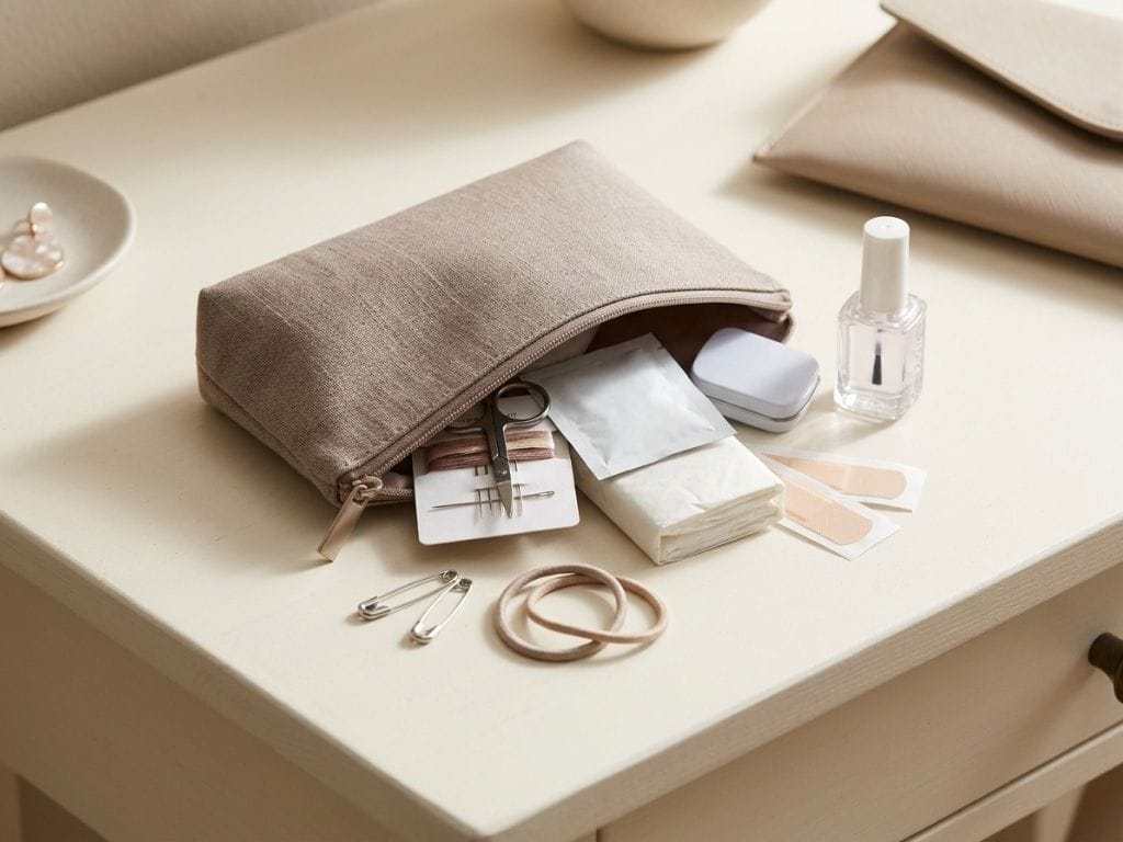 Fabric pouch filled with safety pins thread kit tissues and clear nail polish on vanity