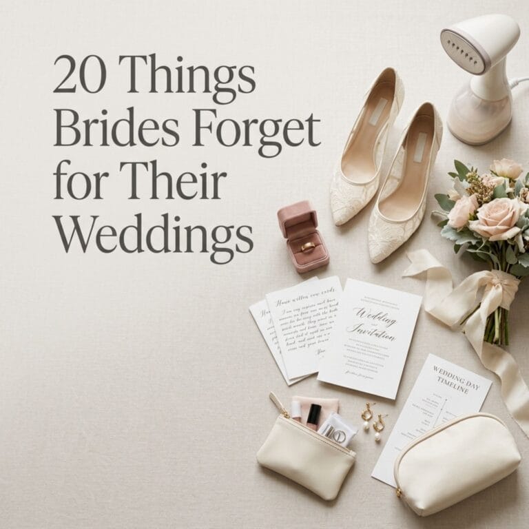 Featured blog post cover image titled 20 things brides forget for their weddings with bridal essentials