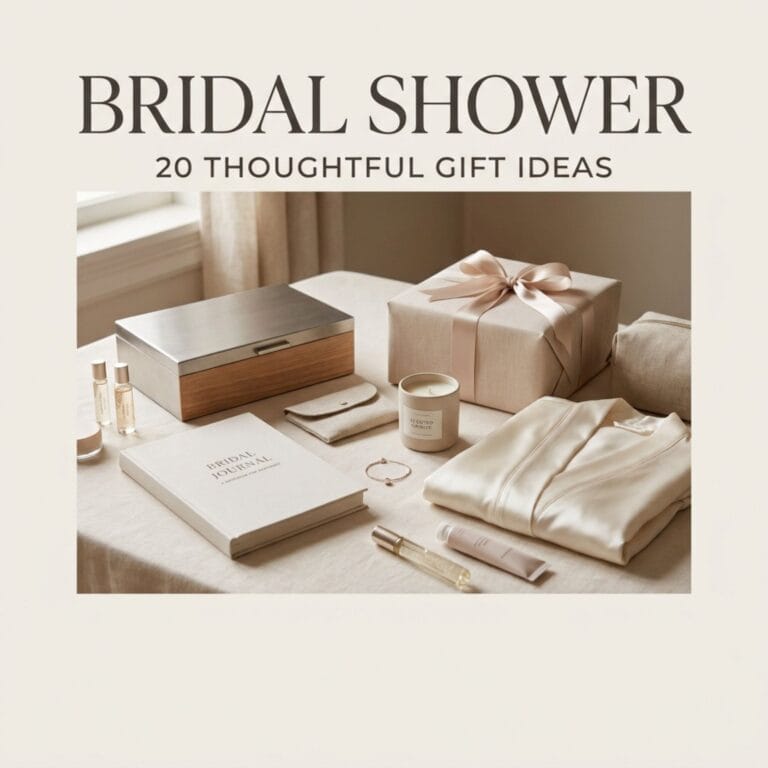 Featured blog post cover for 20 Thoughtful Bridal Shower Gift Ideas with flat lay of silk robe and gift items