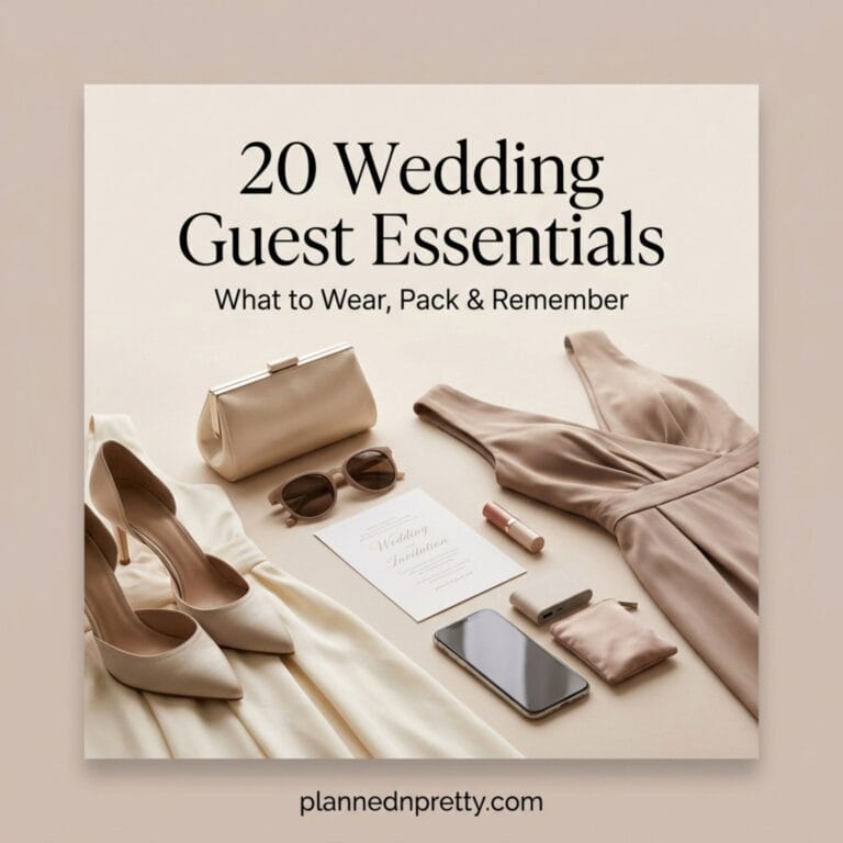 Featured blog cover graphic displaying 20 Wedding Guest Essentials text surrounded by wedding guest outfit flat lay